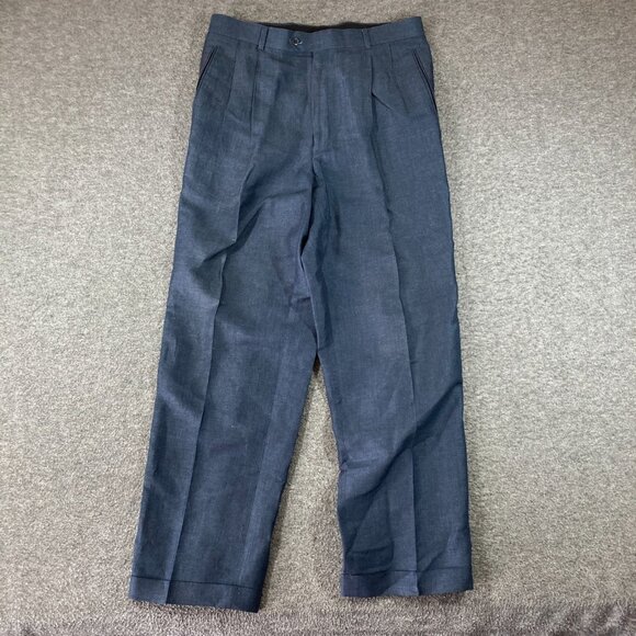 Louis Raphael Linen Blend Chino Pants Mens Size 36X32 Blue Pleated Cuffed - Picture 1 of 12